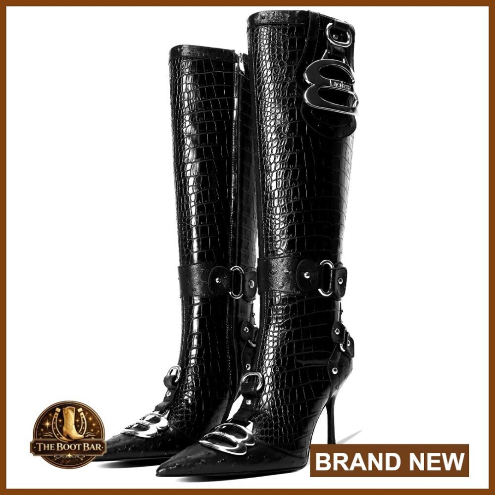 Knee High Crocodile Boots Pointed Toe Stiletto Heel Faux Leather